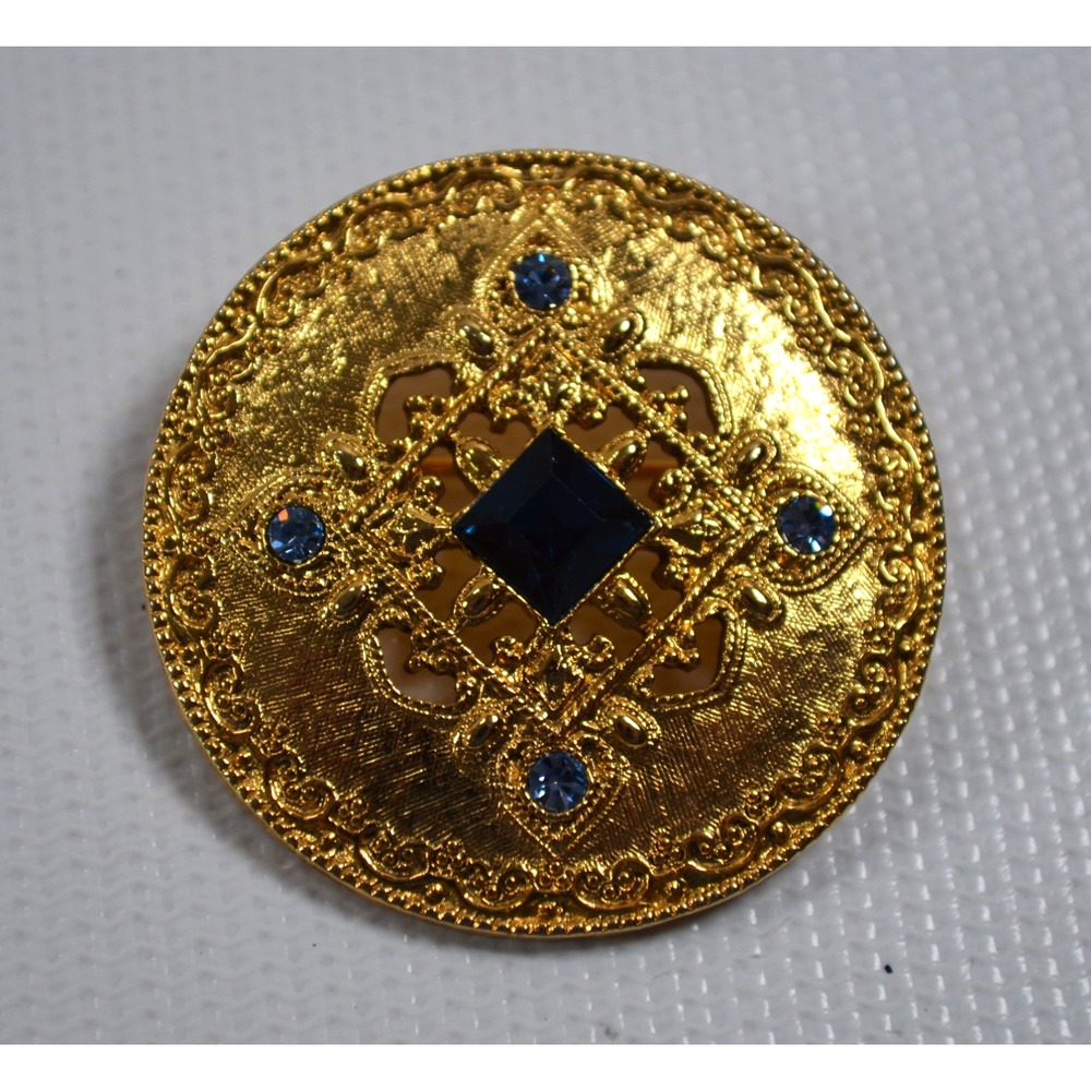 Vintage Gold Tone Brooch Pin Medallion with Blue Rhinestones 1.5" Across